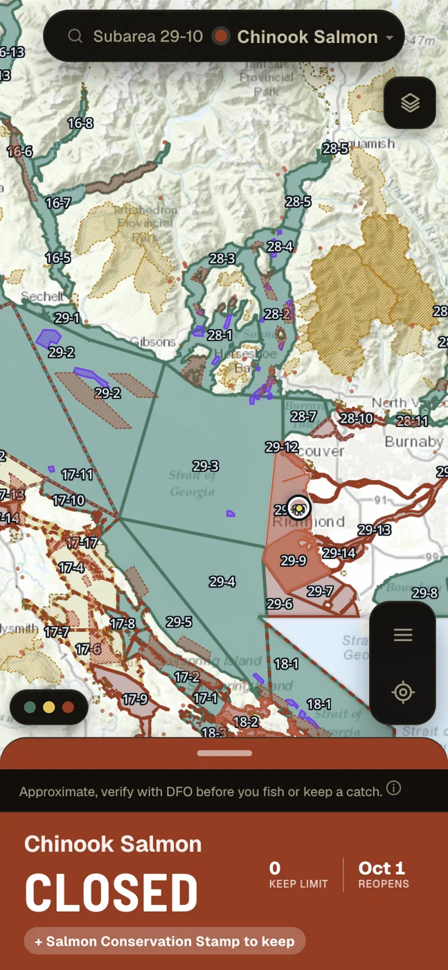 Catchable showing chinook salmon closed in subarea 29-10, with a keep limit of zero and an October 1 reopening date.