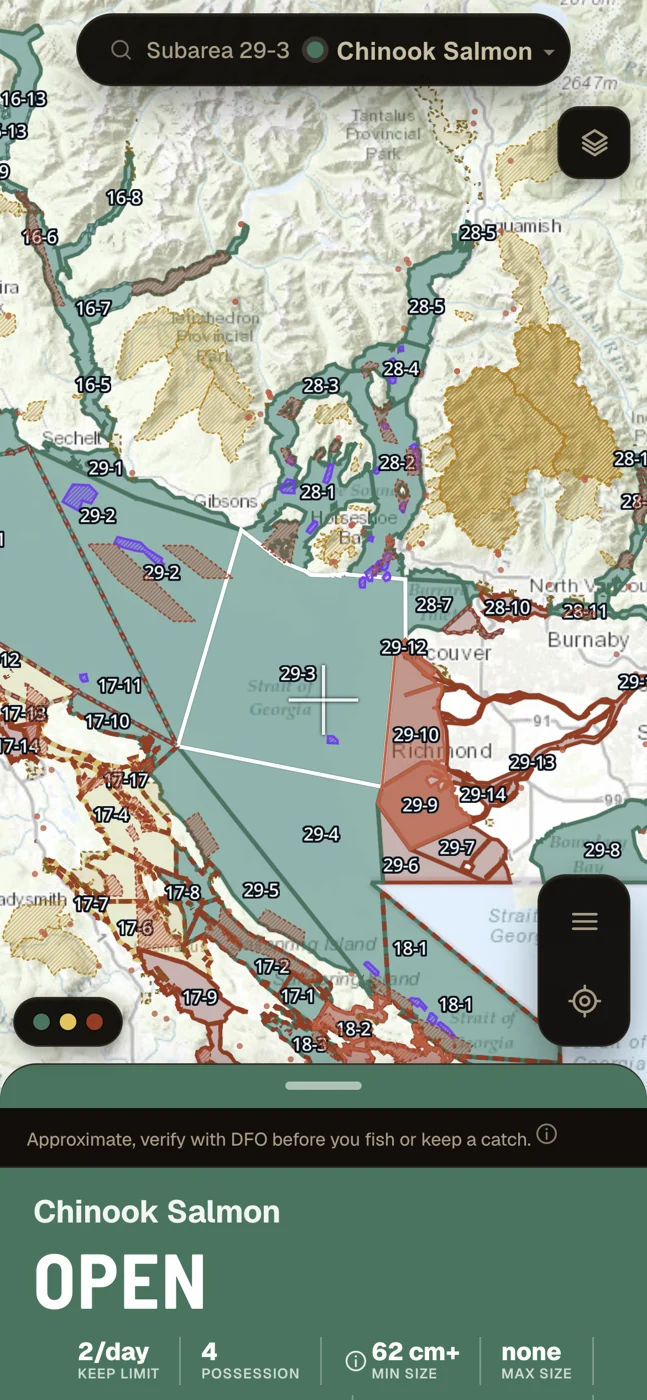 Catchable showing chinook salmon open in subarea 29-3, with a keep limit of 2 per day and a 62 cm minimum size.